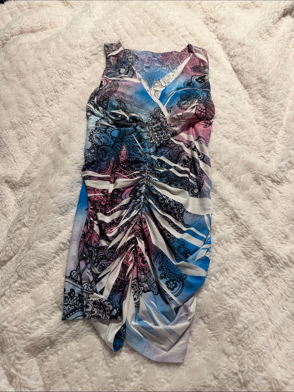 Paisley Ruched V-Neck Tank Top in Blue and Pink